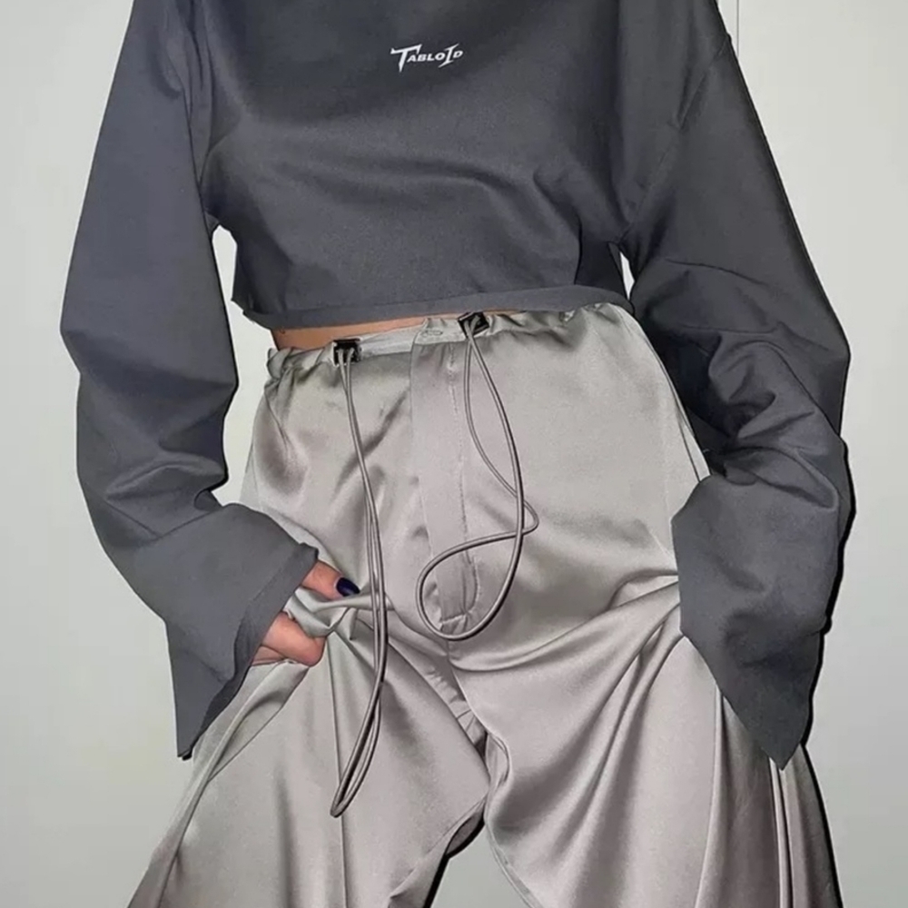 Heather Grey Silver Wide Satin Pant With Adjustable Cinch Ties - Picture 2 of 8